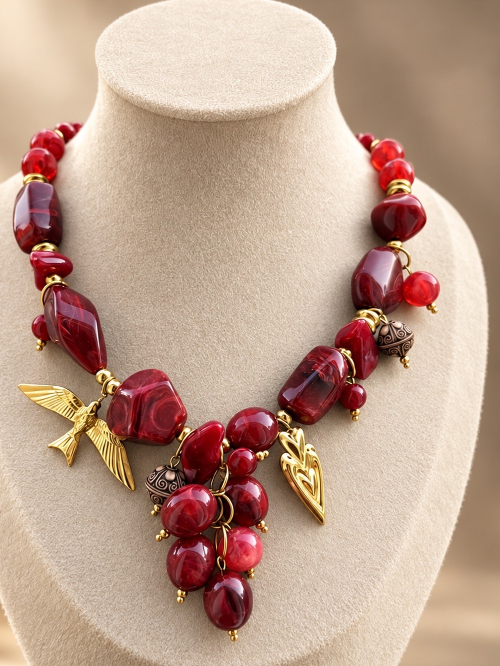 Burgundy Beaded Charm Statement Necklace Bird Leaf Fall 2026 Jewelry